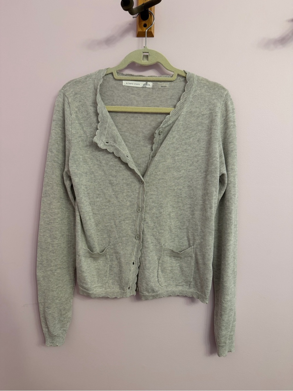 Altar'd State Light Gray Scallop-Edge Button Cardigan